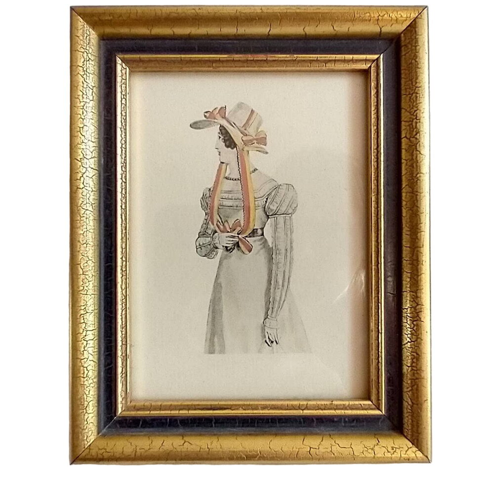 Vintage Framed Hand colored Print Victorian Lady with Bonnet 4.75x6"